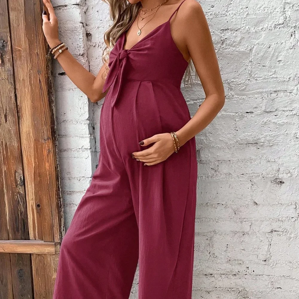 Burgundy Casual Womens Maternity Knot Front Cami Jumpsuit - Picture 5 of 5